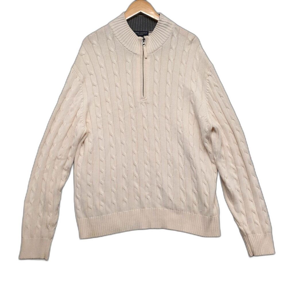 Daniel Cremieux Mens Size XL Ivory Cream Cable Knit Sweater 1/4 Zip Mock Neck